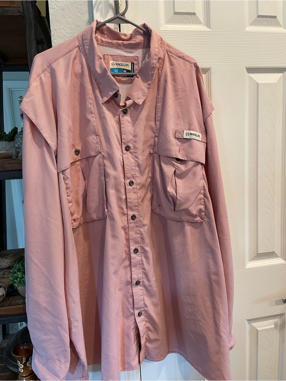 Magellan Outdoors Button up Pink white micro check Fishing gear Wind shirt 4XL